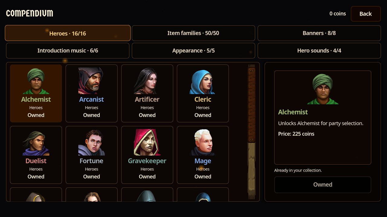 The Compendium collection screen