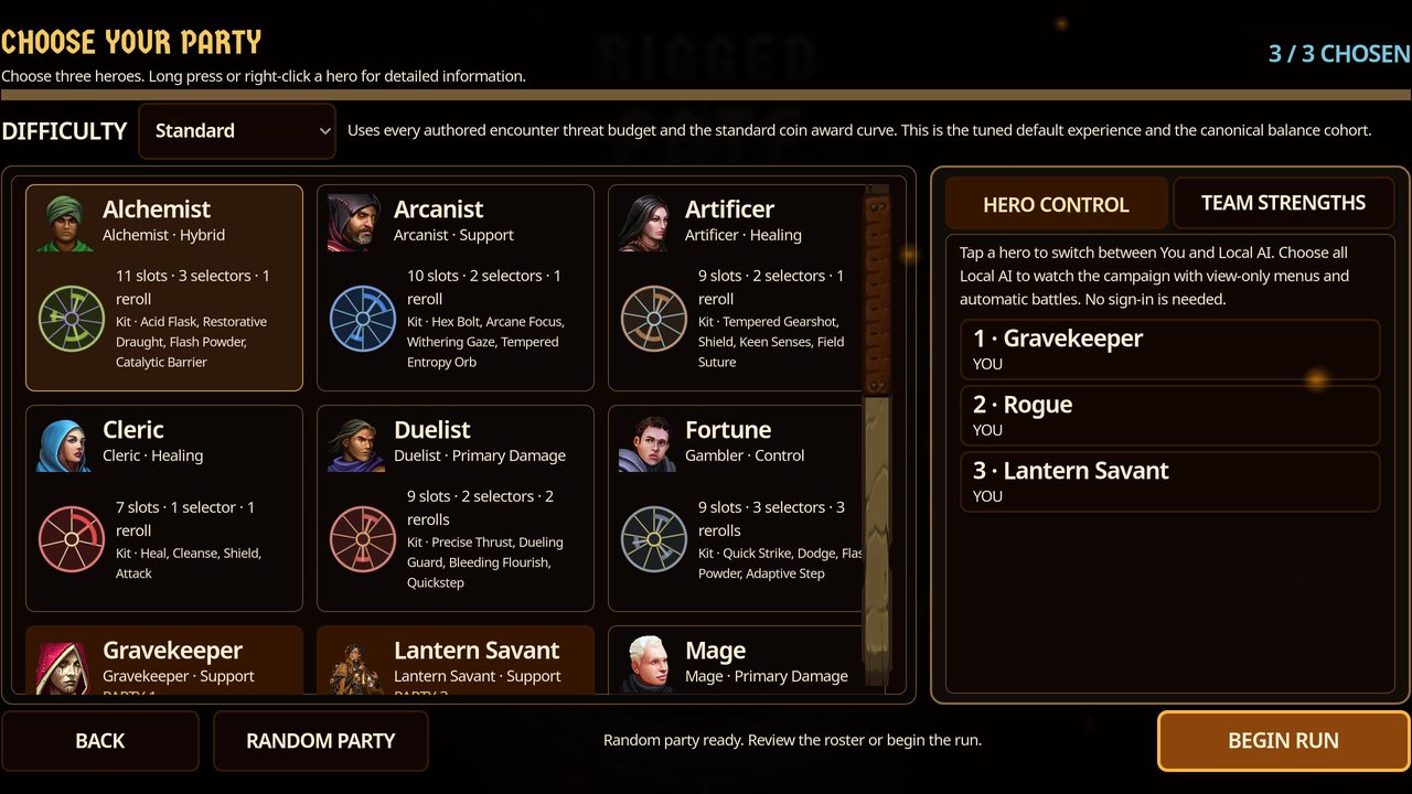 Party selection with hero control settings