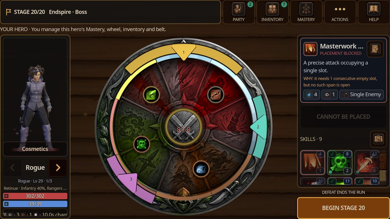 Preparing the Rogue's skill wheel before a boss battle