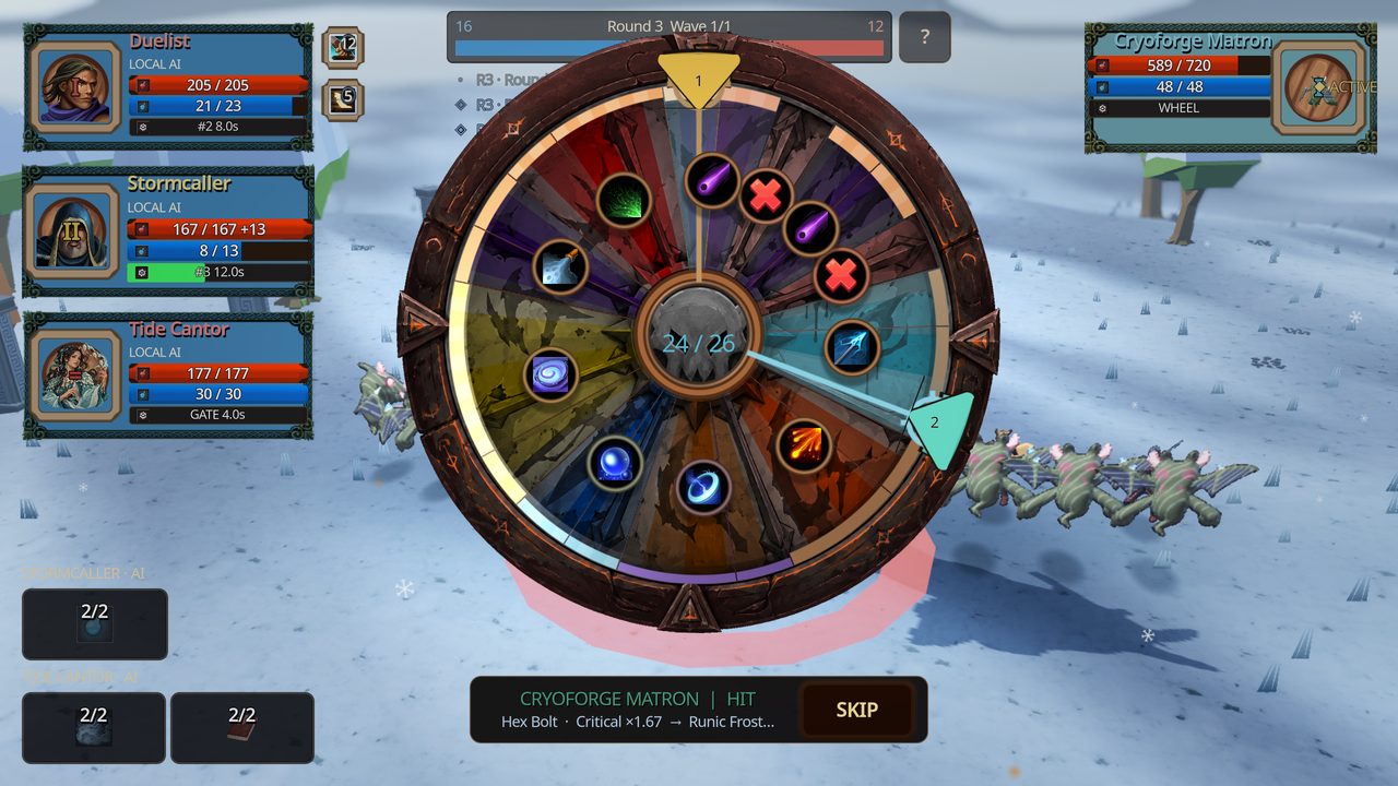 The Cryoforge Matron's wheel lands a critical Hex Bolt