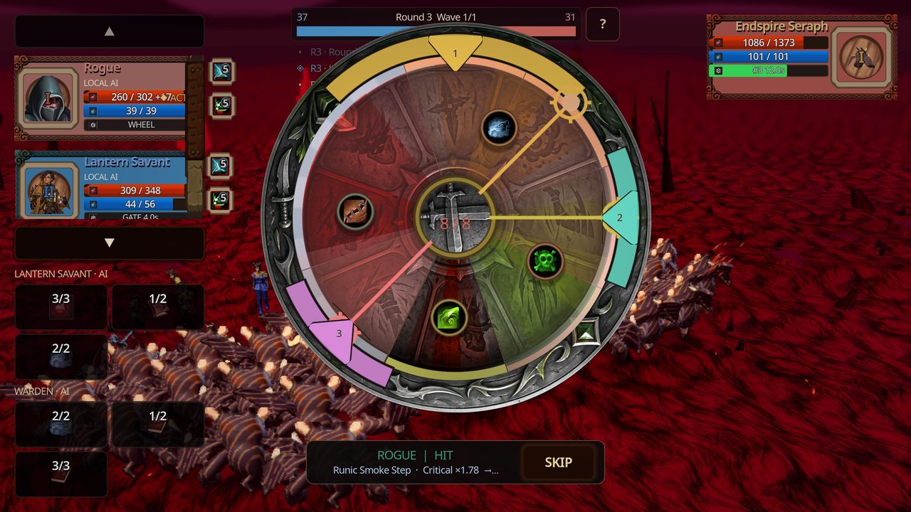 A three-selector wheel resolving over the Endspire battlefield